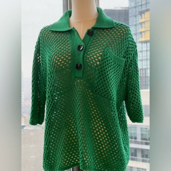 🆕 FARM Rio 🧿 NWOT Kelly Green Crochet Collared Polo, Sz L - Picture 10 of 14
